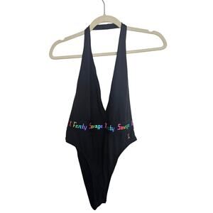 Savage X Fenty Black One Piece Bodysuit Thong Halter Deep Neck Women M Spell Out